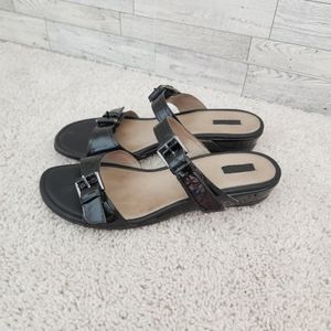 Ecco Black Patent Buckle Slide Sandals